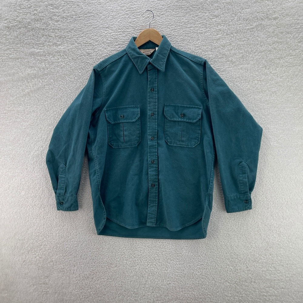 VTG Cabelas Shirt Mens L Green Teal Chamois Heavy Flannel Outdoor USA Made